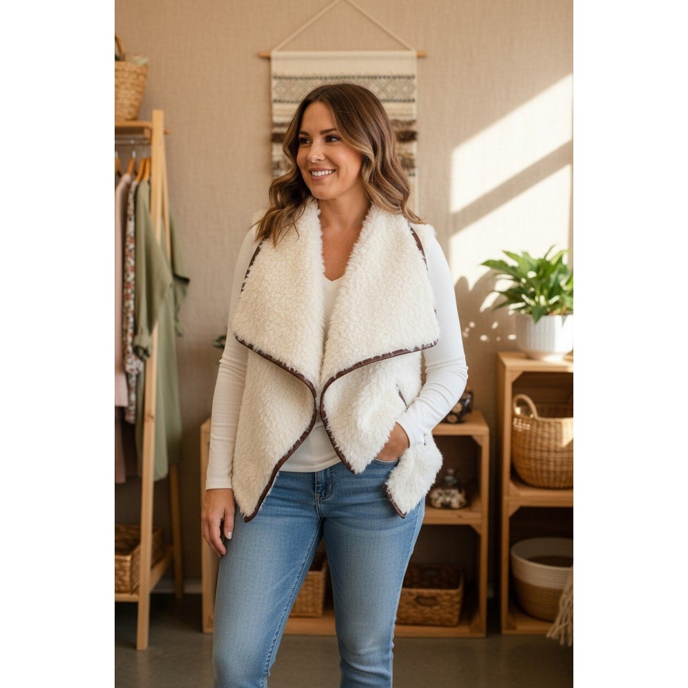 Simply Southern‎ Reversible Sherpa Vest White Fleece  Boho Womens Medium